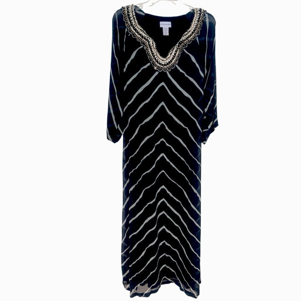 Soft Surroundings Navy Blue White Embellished Beaded Bohemian Maxi Dress Sz M